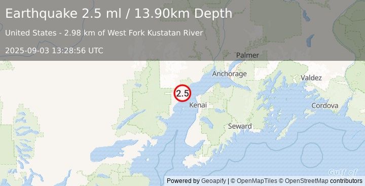 Earthquake 37 km WNW of Nikiski, Alaska (2.5 ml) (2025-09-03 13:28:56 UTC)