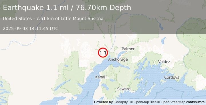 Earthquake 29 km WSW of Susitna, Alaska (1.1 ml) (2025-09-03 14:11:45 UTC)