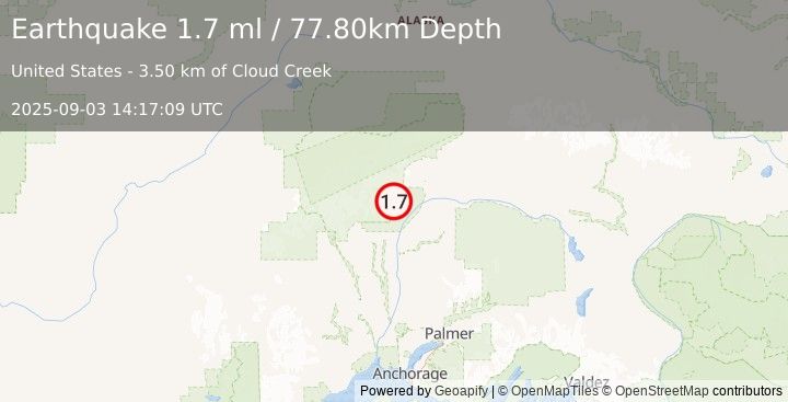 Earthquake 43 km N of Chase, Alaska (1.7 ml) (2025-09-03 14:17:09 UTC)