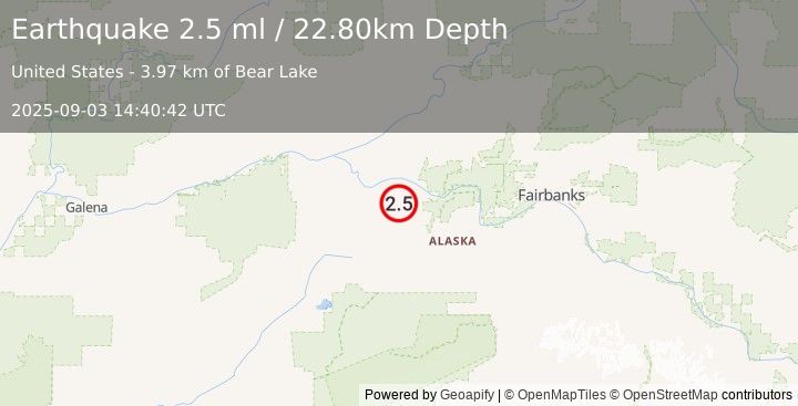 Earthquake 26 km S of Manley Hot Springs, Alaska (2.5 ml) (2025-09-03 14:40:42 UTC)