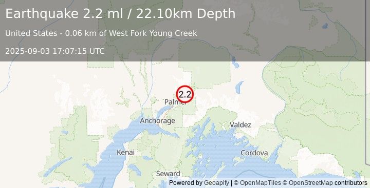 Earthquake 3 km SE of Sutton-Alpine, Alaska (2.2 ml) (2025-09-03 17:07:15 UTC)
