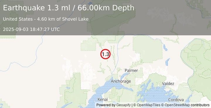 Earthquake 27 km NE of Skwentna, Alaska (1.3 ml) (2025-09-03 18:47:27 UTC)
