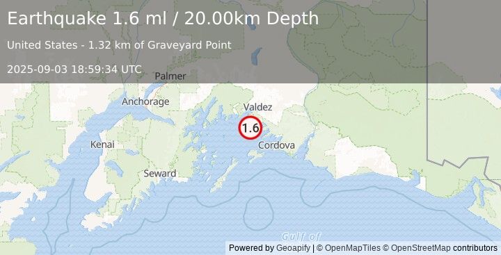 Earthquake 7 km SE of Tatitlek, Alaska (1.6 ml) (2025-09-03 18:59:34 UTC)