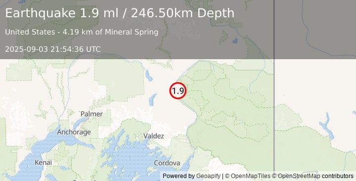 Earthquake 8 km ENE of Tazlina, Alaska (1.9 ml) (2025-09-03 21:54:36 UTC)