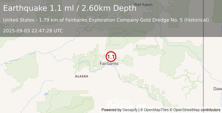 Earthquake 9 km N of Fox, Alaska (1.1 ml) (2025-09-03 22:47:28 UTC)