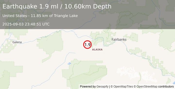 Earthquake 40 km S of Manley Hot Springs, Alaska (1.9 ml) (2025-09-03 23:48:51 UTC)