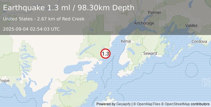 Earthquake 61 km WNW of Happy Valley, Alaska (1.3 ml) (2025-09-04 02:54:03 UTC)
