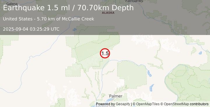 Earthquake 59 km SW of Cantwell, Alaska (1.5 ml) (2025-09-04 03:25:29 UTC)