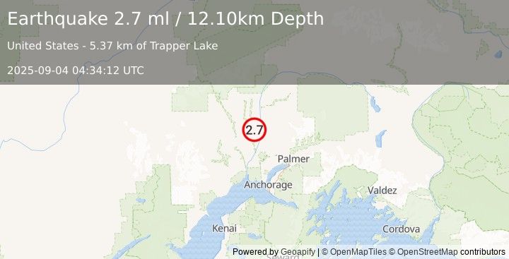 Earthquake 28 km WSW of Susitna North, Alaska (2.7 ml) (2025-09-04 04:34:12 UTC)