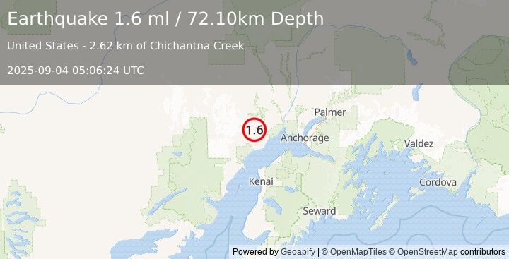 Earthquake 29 km NW of Beluga, Alaska (1.6 ml) (2025-09-04 05:06:24 UTC)