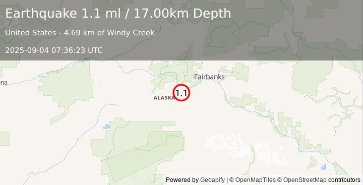Earthquake 8 km ESE of Nenana, Alaska (1.1 ml) (2025-09-04 07:36:23 UTC)