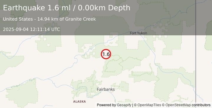 Earthquake 49 km SSW of Beaver, Alaska (1.6 ml) (2025-09-04 12:11:14 UTC)