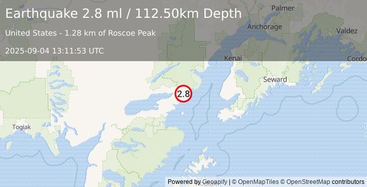 Earthquake 40 km E of Pedro Bay, Alaska (2.8 ml) (2025-09-04 13:11:53 UTC)