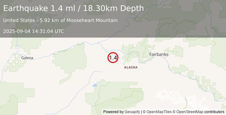 Earthquake 32 km SSW of Manley Hot Springs, Alaska (1.4 ml) (2025-09-04 14:31:04 UTC)