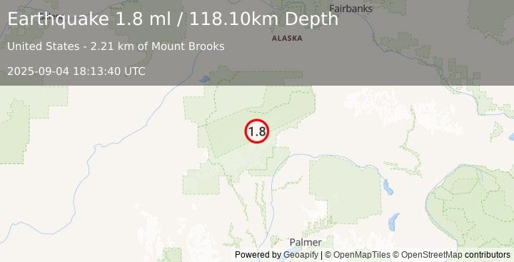 Earthquake 68 km SE of Denali National Park, Alaska (1.8 ml) (2025-09-04 18:13:40 UTC)