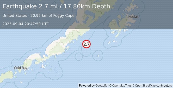 Earthquake 106 km E of Chignik, Alaska (2.7 ml) (2025-09-04 20:47:50 UTC)