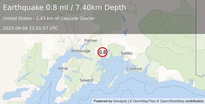 Earthquake 49 km SE of Knik River, Alaska (0.8 ml) (2025-09-04 22:01:57 UTC)