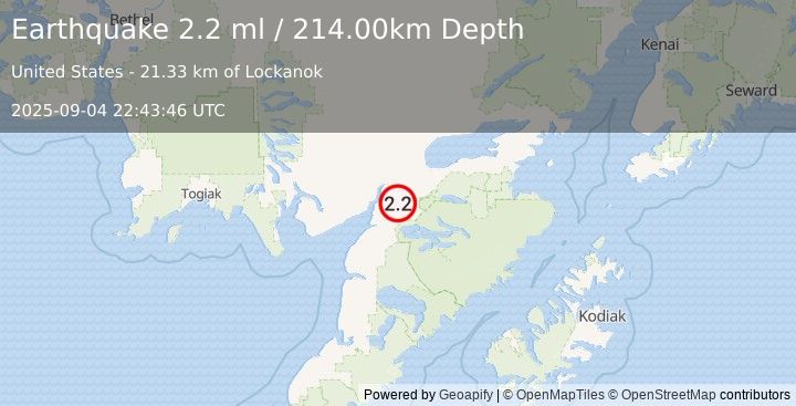 Earthquake 28 km SE of Levelock, Alaska (2.2 ml) (2025-09-04 22:43:46 UTC)