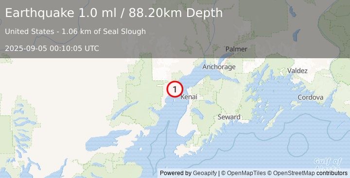 Earthquake 32 km W of Nikiski, Alaska (1.0 ml) (2025-09-05 00:10:05 UTC)