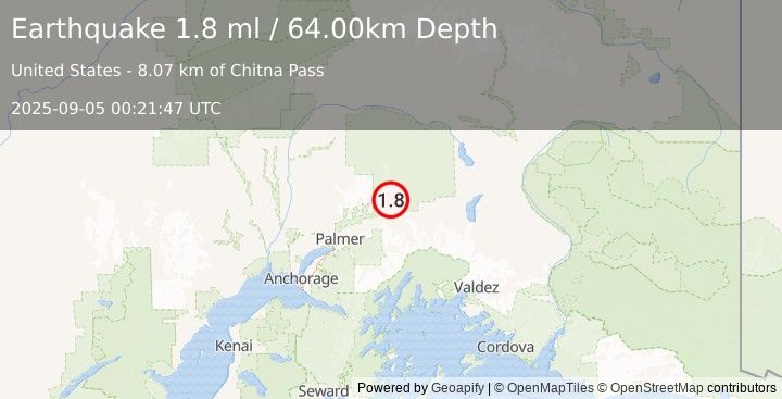 Earthquake 28 km NE of Chickaloon, Alaska (1.8 ml) (2025-09-05 00:21:47 UTC)