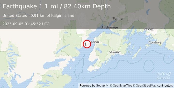 Earthquake 36 km W of Kalifornsky, Alaska (1.1 ml) (2025-09-05 01:45:52 UTC)