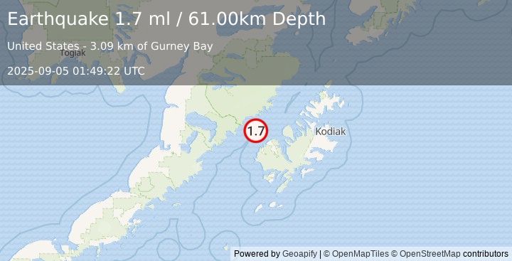 Earthquake 29 km NNW of Karluk, Alaska (1.7 ml) (2025-09-05 01:49:22 UTC)