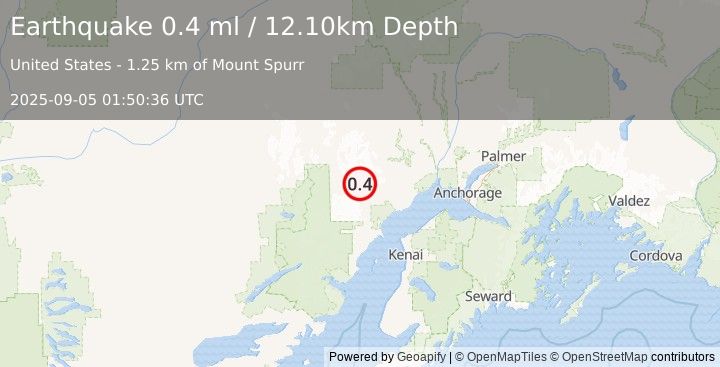 Earthquake 66 km WNW of Beluga, Alaska (0.4 ml) (2025-09-05 01:50:36 UTC)