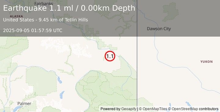 Earthquake 17 km S of Tok, Alaska (1.1 ml) (2025-09-05 01:57:59 UTC)