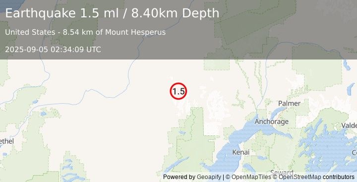 Earthquake 93 km NE of Lime Village, Alaska (1.5 ml) (2025-09-05 02:34:09 UTC)