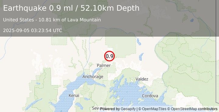 Earthquake 16 km NNE of Sutton-Alpine, Alaska (0.9 ml) (2025-09-05 03:23:54 UTC)