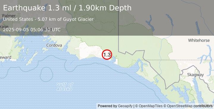 Earthquake 139 km WNW of Yakutat, Alaska (1.3 ml) (2025-09-05 05:06:30 UTC)