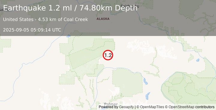 Earthquake 22 km SW of Cantwell, Alaska (1.2 ml) (2025-09-05 05:09:14 UTC)