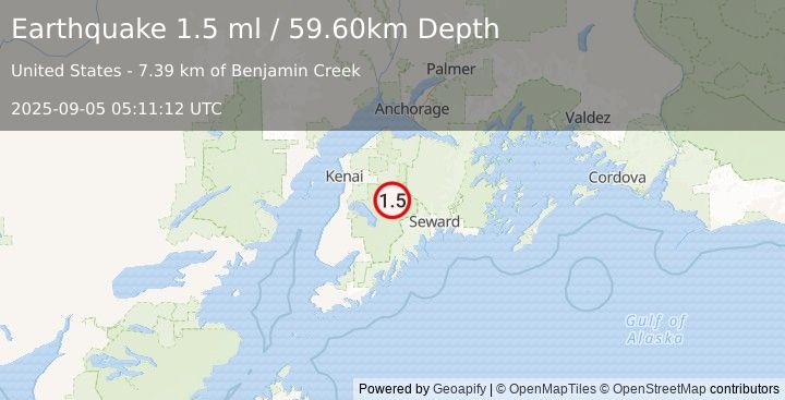 Earthquake 32 km SW of Cooper Landing, Alaska (1.5 ml) (2025-09-05 05:11:12 UTC)