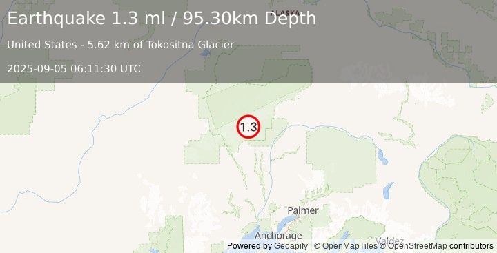 Earthquake 38 km N of Petersville, Alaska (1.3 ml) (2025-09-05 06:11:30 UTC)