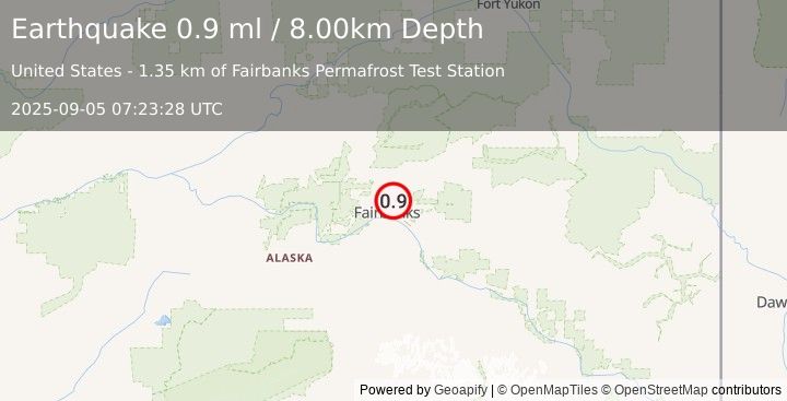Earthquake 2 km SE of Fox, Alaska (0.9 ml) (2025-09-05 07:23:28 UTC)