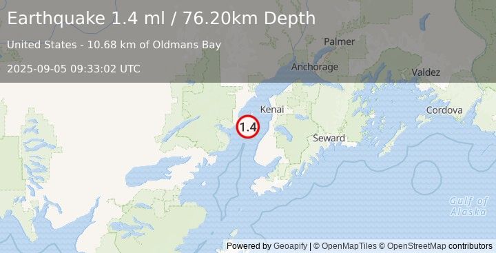 Earthquake 32 km NW of Ninilchik, Alaska (1.4 ml) (2025-09-05 09:33:02 UTC)