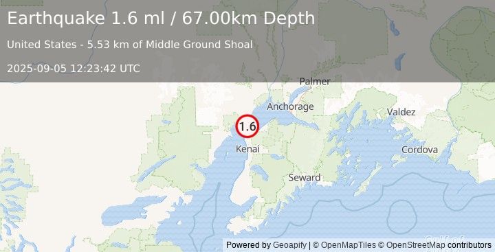 Earthquake 19 km SSW of Tyonek, Alaska (1.6 ml) (2025-09-05 12:23:42 UTC)