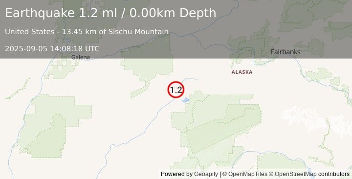 Earthquake 29 km NNW of Lake Minchumina, Alaska (1.2 ml) (2025-09-05 14:08:18 UTC)