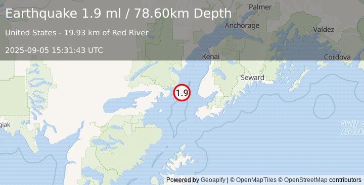 Earthquake 37 km W of Anchor Point, Alaska (1.9 ml) (2025-09-05 15:31:43 UTC)