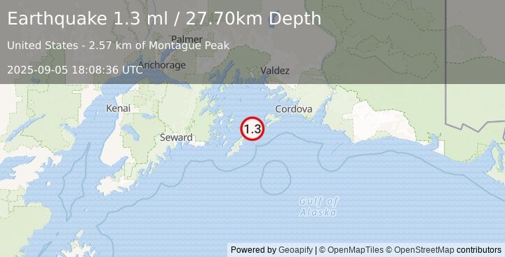 Earthquake 56 km ENE of Chenega, Alaska (1.3 ml) (2025-09-05 18:08:36 UTC)