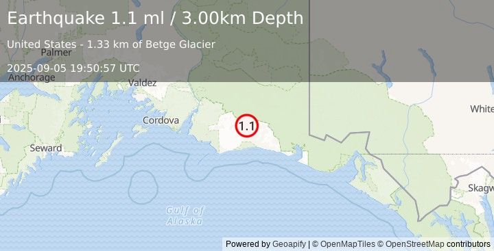 Earthquake 108 km S of McCarthy, Alaska (1.1 ml) (2025-09-05 19:50:57 UTC)