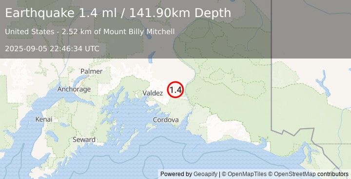 Earthquake 51 km S of Tonsina, Alaska (1.4 ml) (2025-09-05 22:46:34 UTC)