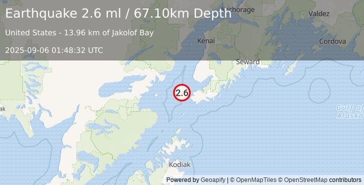 Earthquake 22 km WNW of Nanwalek, Alaska (2.6 ml) (2025-09-06 01:48:32 UTC)