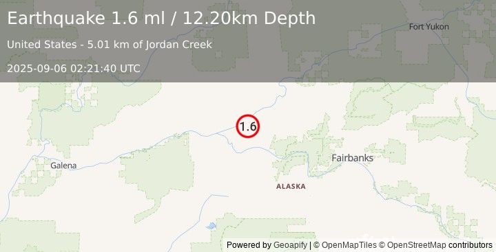 Earthquake 35 km NNW of Manley Hot Springs, Alaska (1.6 ml) (2025-09-06 02:21:40 UTC)