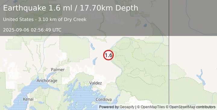 Earthquake 5 km NNE of Tazlina, Alaska (1.6 ml) (2025-09-06 02:56:49 UTC)