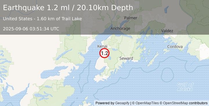 Earthquake 10 km ESE of Kasilof, Alaska (1.2 ml) (2025-09-06 03:51:34 UTC)