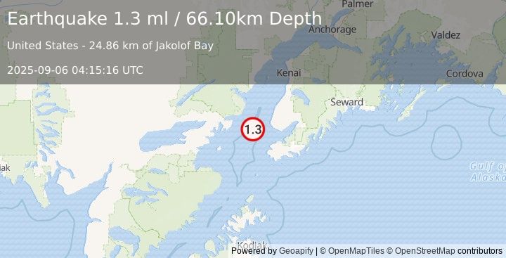 Earthquake 32 km WSW of Anchor Point, Alaska (1.3 ml) (2025-09-06 04:15:16 UTC)