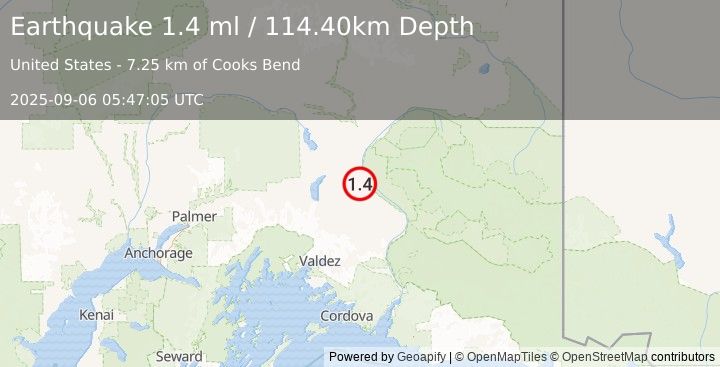 Earthquake 8 km WSW of Copper Center, Alaska (1.4 ml) (2025-09-06 05:47:05 UTC)