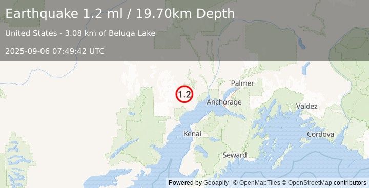 Earthquake 37 km NW of Beluga, Alaska (1.2 ml) (2025-09-06 07:49:42 UTC)