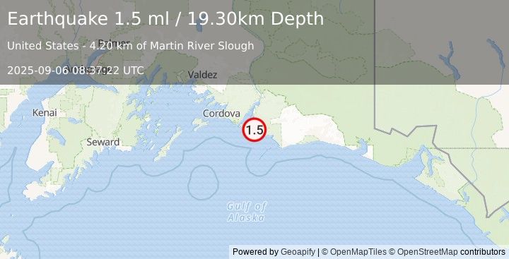 Earthquake 63 km ESE of Cordova, Alaska (1.5 ml) (2025-09-06 08:37:22 UTC)